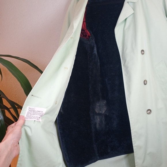 Vintage Sears Pastel Green Double Breasted Trench Coat Zip Out Furry Lining M L - Picture 6 of 9